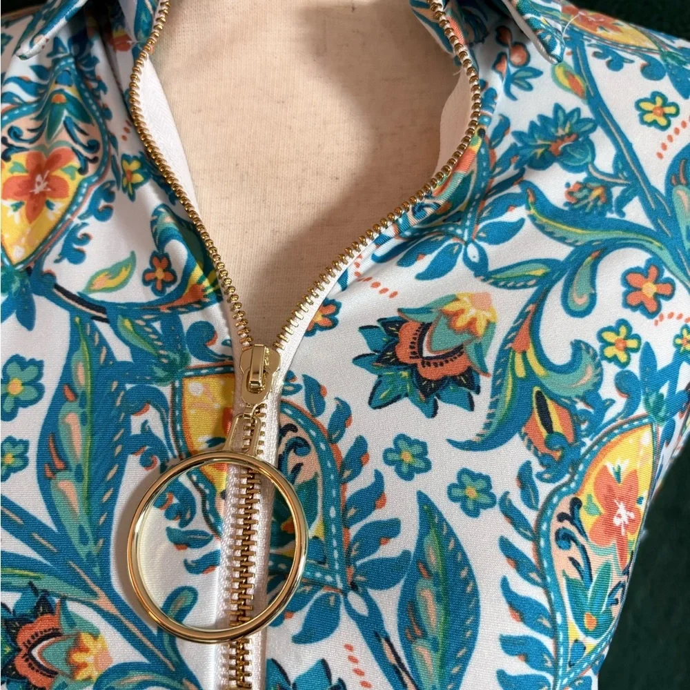 MSK Teal and White Floral Collared Midi Dress with Orange Accents - Picture 2 of 6